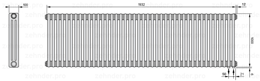 Схема (чертеж) Радиатор Zehnder Charleston 3100/42 №5510 Белый глянцевый RAL 9016